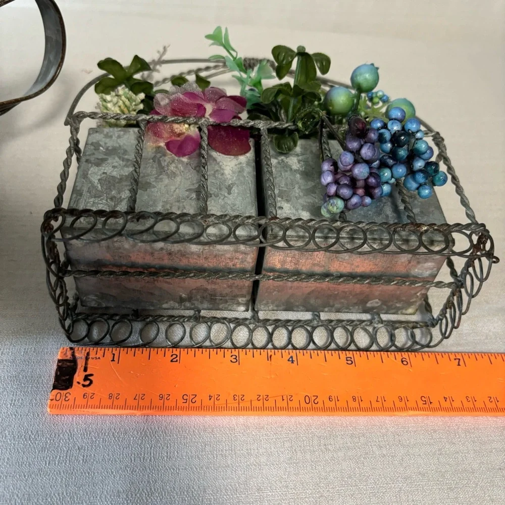 Aged Galvanized Oval Metal Bucket & Handled Floral Basket Set